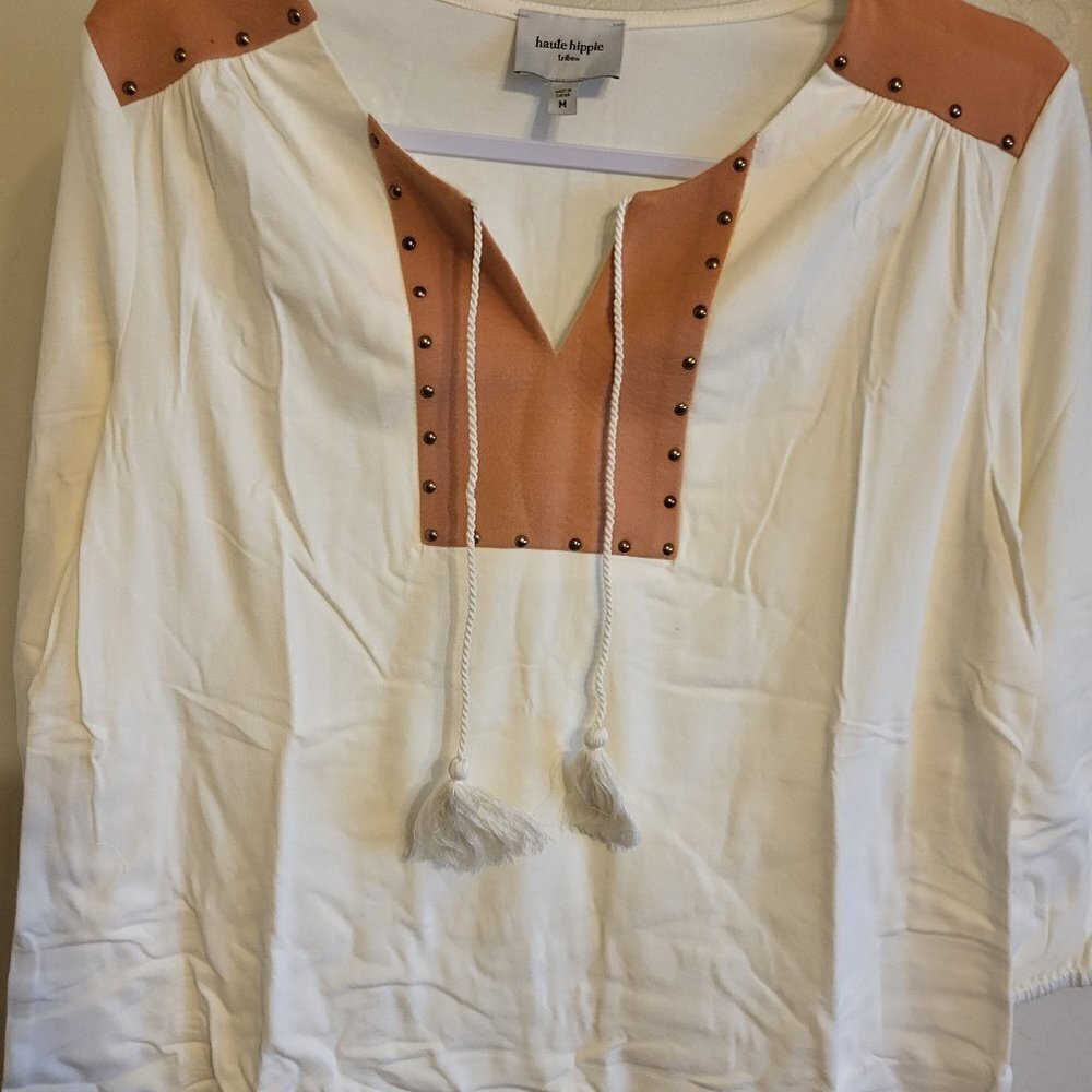 Women's Haute Hippie Tribe Cream and Tan 3/4 sleeve Top Size Medium NIP - Picture 3 of 7